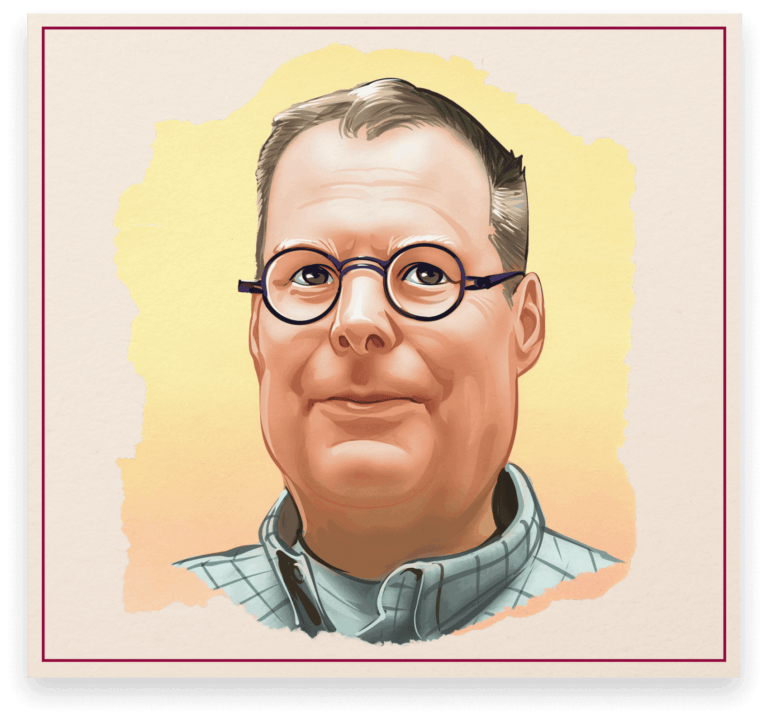 Illustrated portrait of Chip Echnoz, breweriana collector, featured in the Cone Top + NABA Collector Series