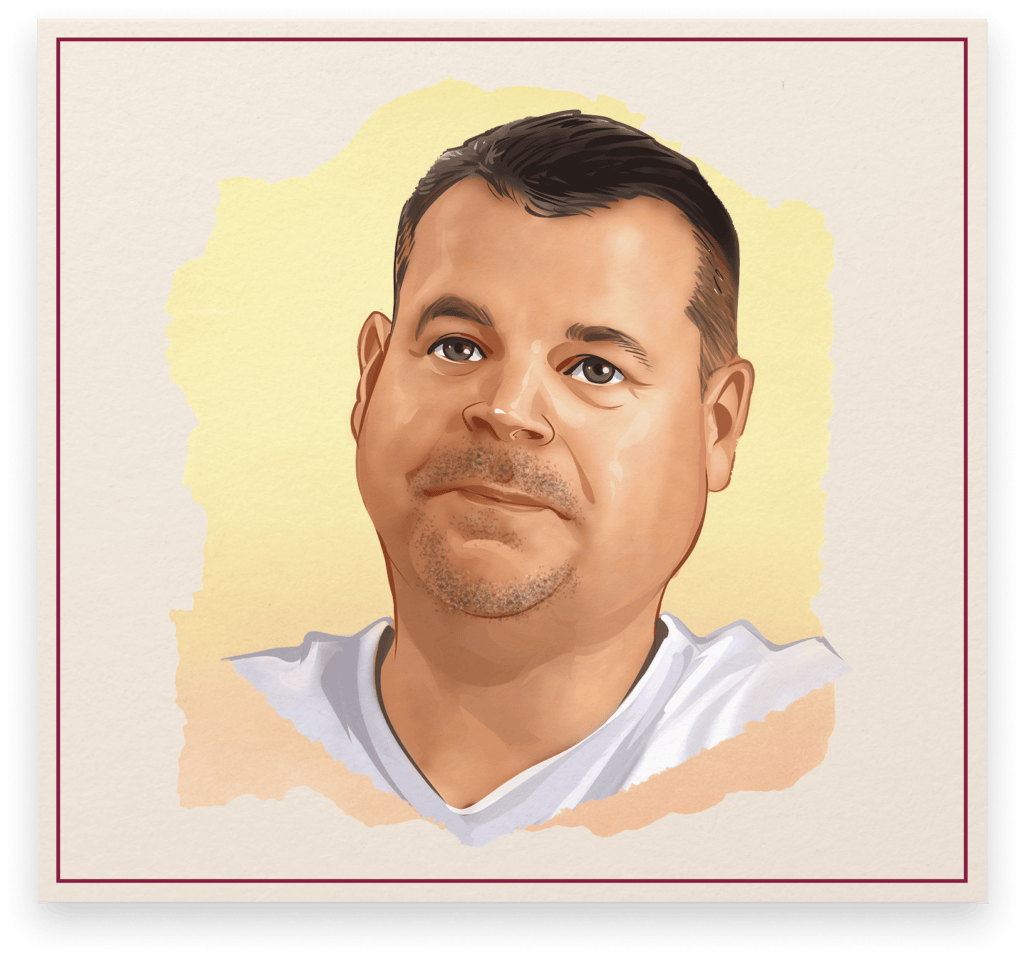 Illustrated portrait of Chris Watt, Eastern Pennsylvania breweriana collector, featured in the Cone Top + NABA Collector Series