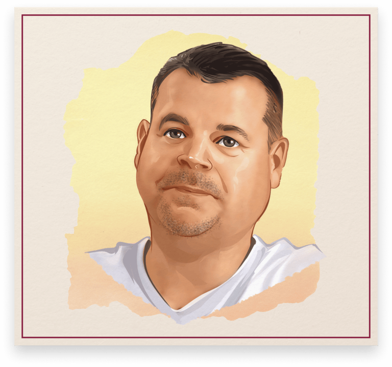 Illustrated portrait of Chris Watt, Eastern Pennsylvania breweriana collector, featured in the Cone Top + NABA Collector Series