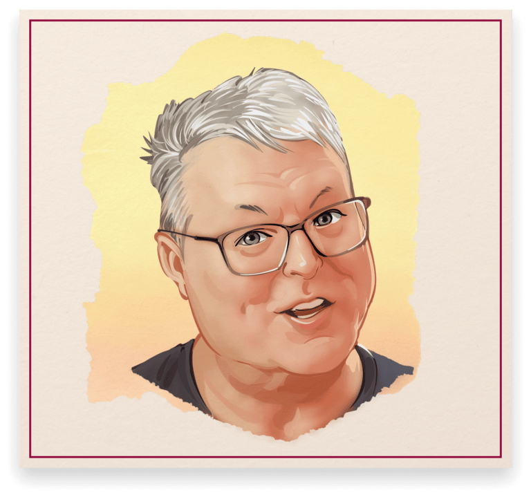 Illustrated portrait of Dave Lendy, breweriana collector, featured in the Cone Top + NABA Collector Series