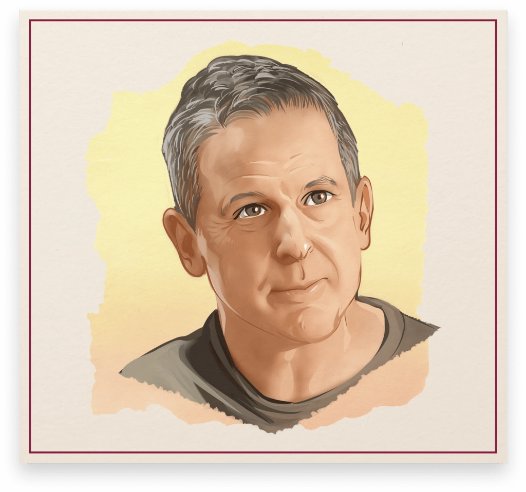 Illustrated portrait of Greg Evans, Philadelphia breweriana collector, featured in the Cone Top + NABA Collector Series