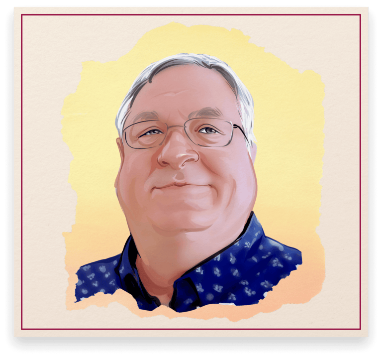 Illustrated portrait of Joel Gandt, breweriana collector, featured in the Cone Top + NABA Collector Series
