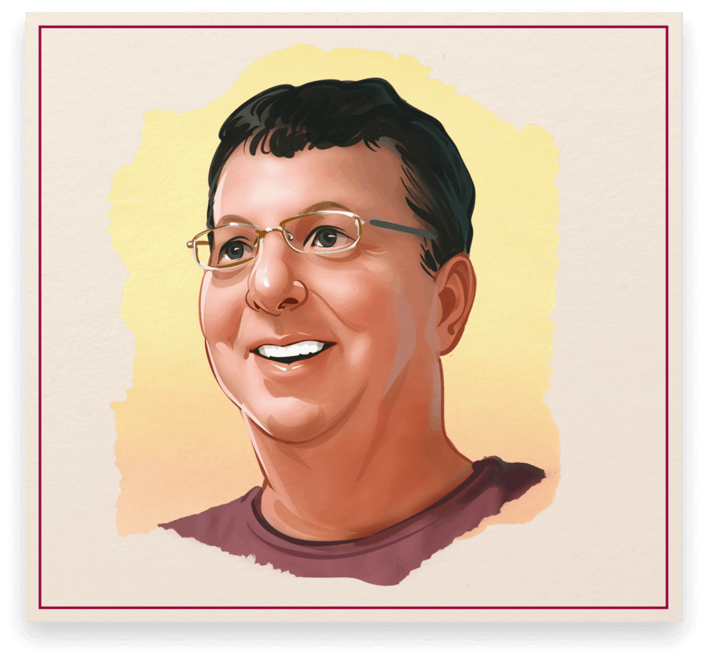 Illustrated portrait of Matt Welch, breweriana collector, featured in the Cone Top + NABA Collector Series