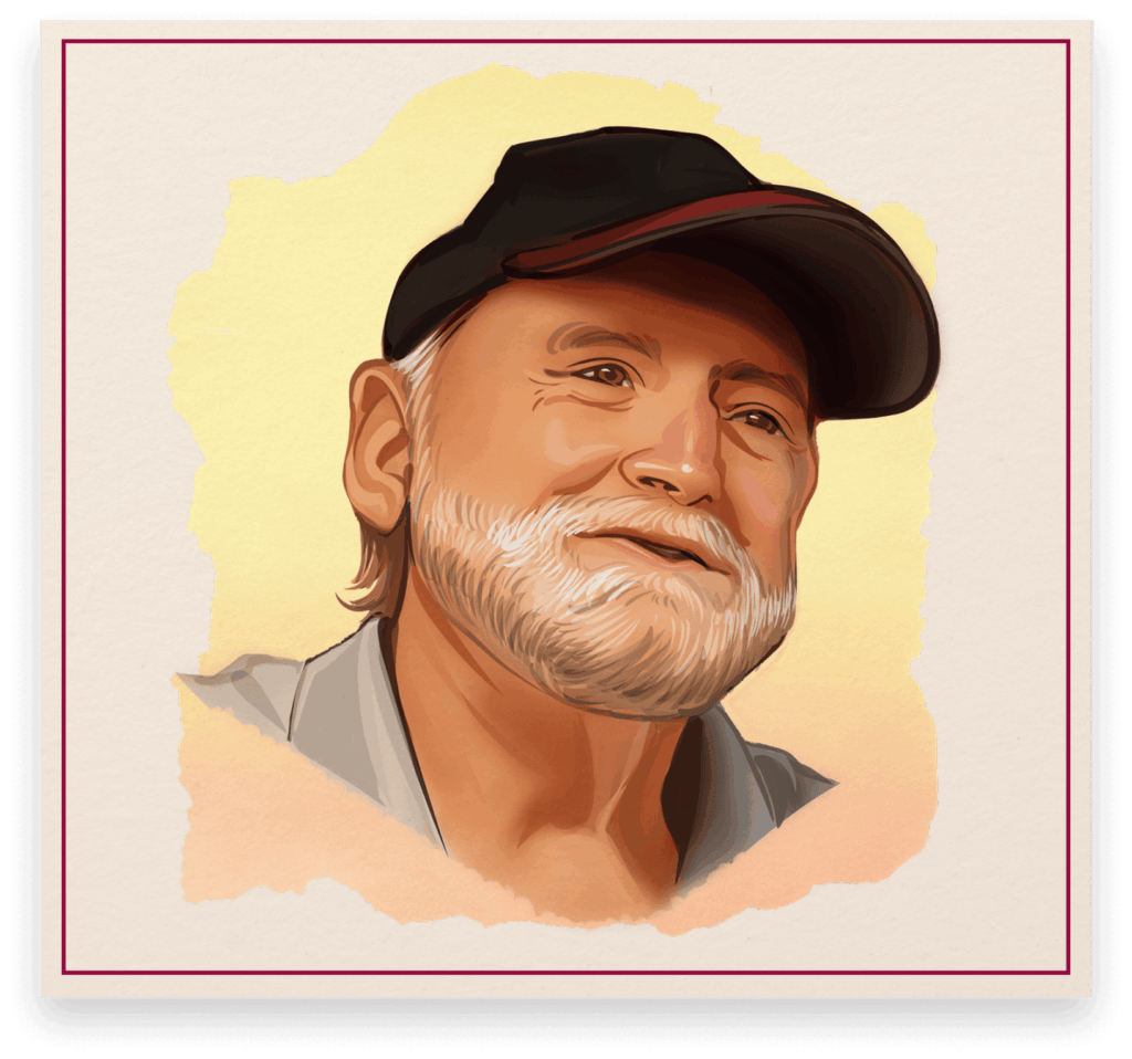 Illustrated portrait of Mike Cunningham, breweriana collector, featured in the Cone Top + NABA Collector Series