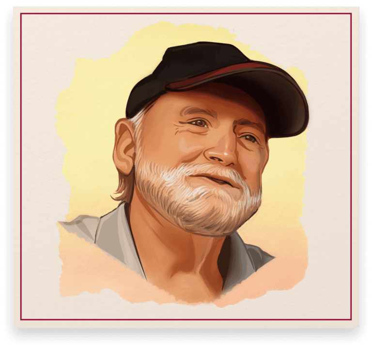 Illustrated portrait of Mike Cunningham, breweriana collector, featured in the Cone Top + NABA Collector Series