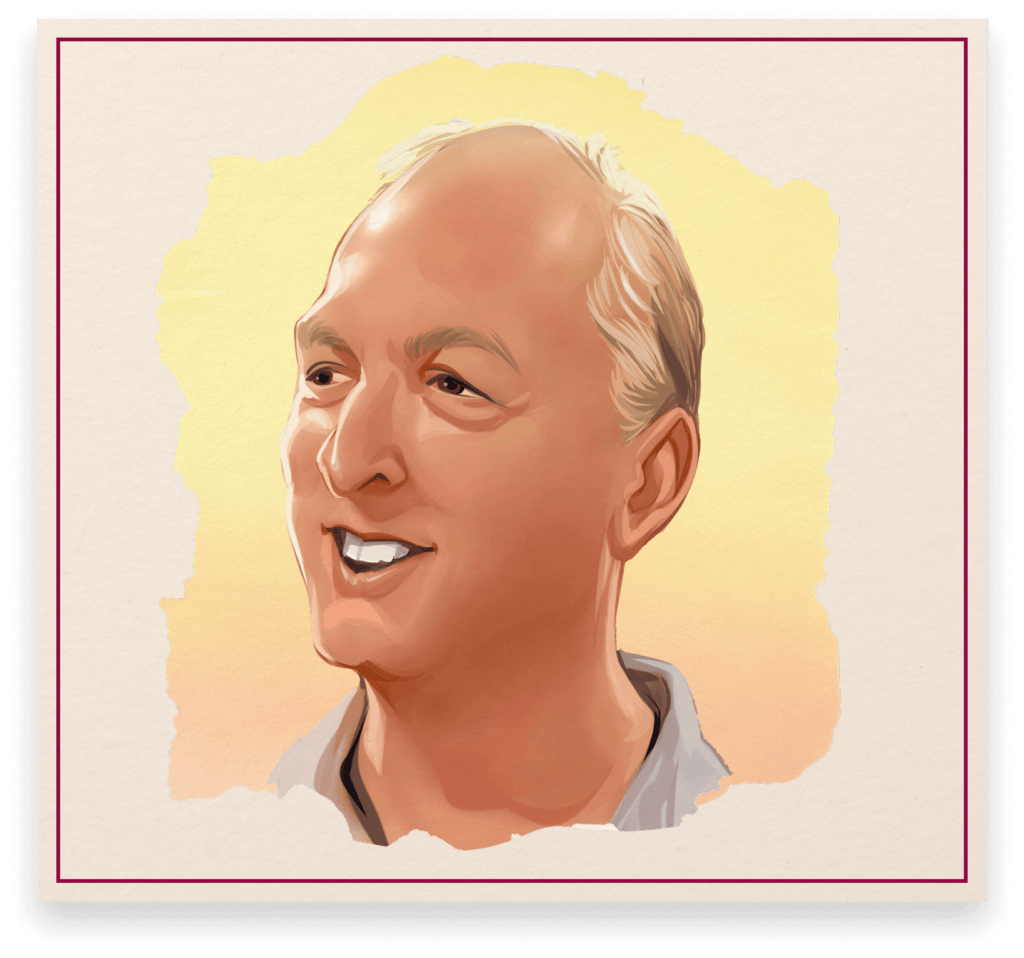 Illustrated portrait of Randy Huetsch, breweriana collector, featured in the Cone Top + NABA Collector Series