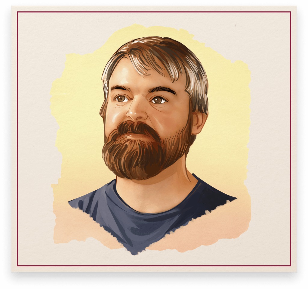 Illustrated portrait of Rick Basken, beer back bar statue collector, featured in the Cone Top + NABA Collector Series
