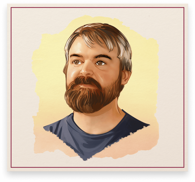 Illustrated portrait of Rick Basken, beer back bar statue collector, featured in the Cone Top + NABA Collector Series